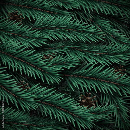 Realistic Christmas tree branches texture. Vector background with green pine tree branches.