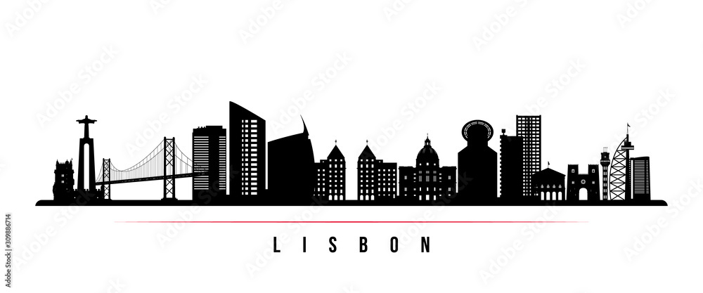 Lisbon skyline horizontal banner. Black and white silhouette of Lisbon, Portugal. Vector template for your design.
