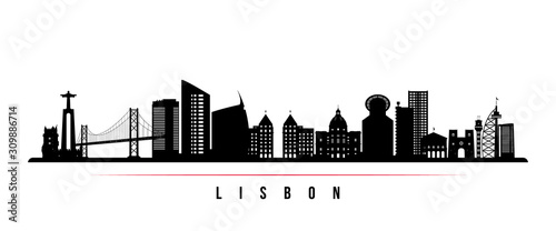Lisbon skyline horizontal banner. Black and white silhouette of Lisbon, Portugal. Vector template for your design.