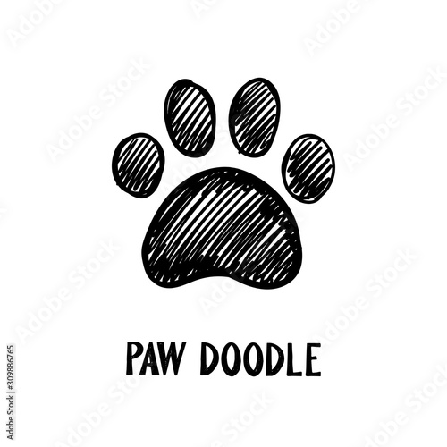 Dog paw doodle, hand drawn sketch. Pet footprint cute illustration.