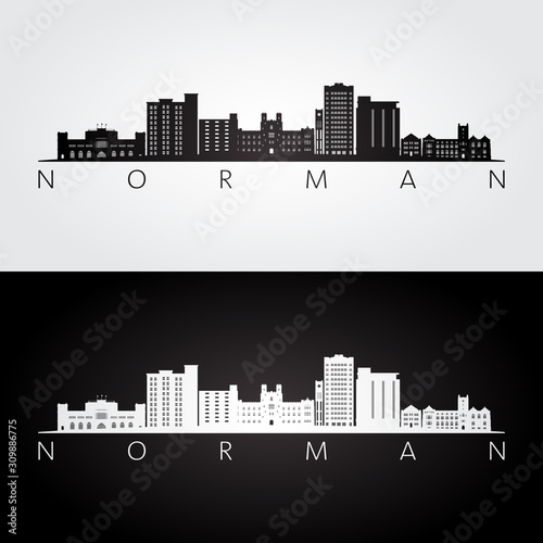Norman, Oklahoma USA skyline and landmarks silhouette, black and white design, vector illustration. photo