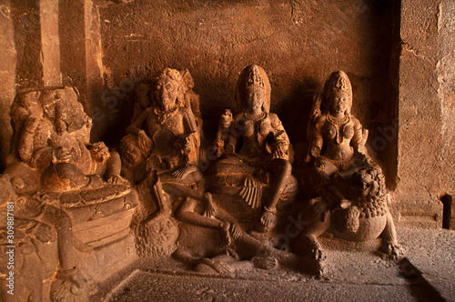 Ganesha, Bhairava and Laxmi sculptures, Ellora Caves, Aurangabad, Maharashtra photo