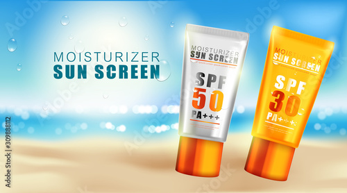 Luxury cosmetic Bottle package skin care cream, Sun screen bottle UV block, Beauty cosmetic product poster, with bokeh beach background