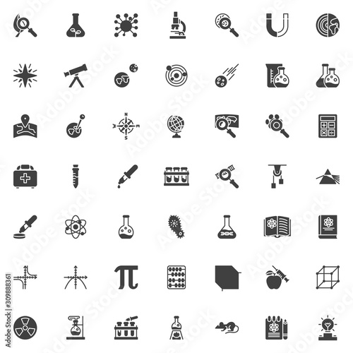 Science study vector icons set, modern solid symbol collection, filled style pictogram pack. Signs, logo illustration. Set includes icons as Chemical research, Geometric cube, genetic engineering