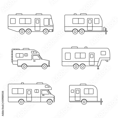 Black line auto RVs, Camper cars / Camping vans, Truck Trailers, recreational types vehicles icons, simple flat design for app, ui, ux, web, button, interface elements isolated on white background