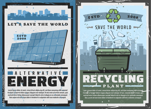 Alternative energy and eco power generation industry, garbage plant and ecology conservation vintage posters. Vector Save World and nature protection, renewable energy sources in nature ecosystem