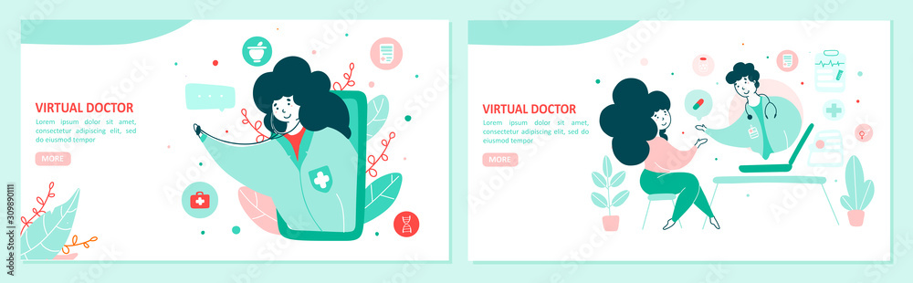Virtual doctor landing page flat vector template set Virtual doctor landing page flat vector template set
