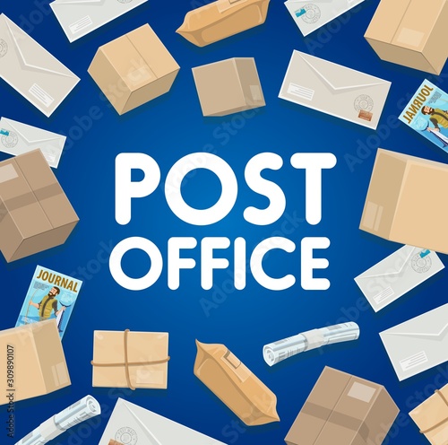 Mail delivery, post office logistics and shipping. Vector mailman courier service in correspondence letter envelopes with postage stamps, parcel boxes and newspapers or magazines and journals