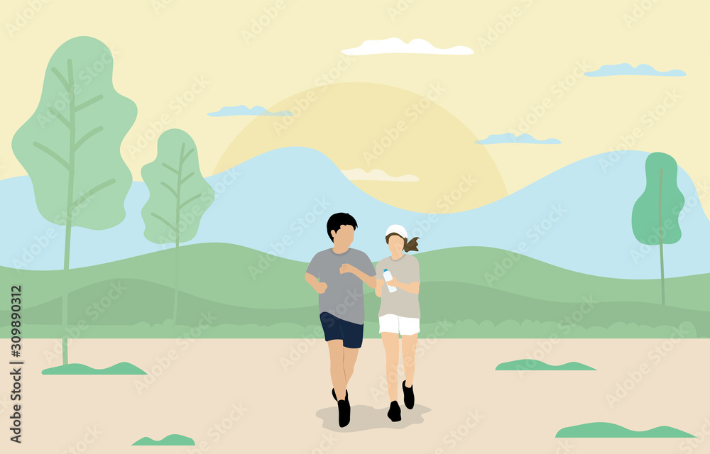 Young man and young woman running in the park.