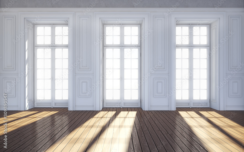 Clean bright room with windows. 3d rendering Clean bright room with windows. 3d rendering