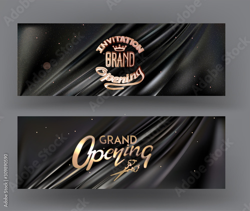 Elegant grand opening invitation cards with pleated fabric background. Vector illustration