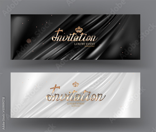 Invitation cards with pleated fabric on the background and gold letters. Vector illustration