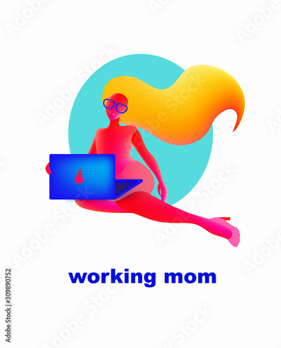 Vector illustration of abstract working mom with laptop