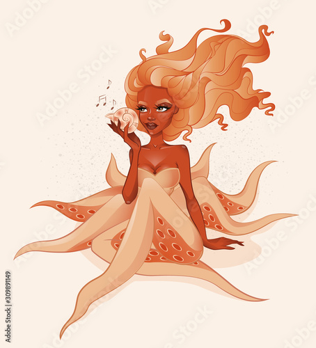Cute orange half human octopus holding shell in hand