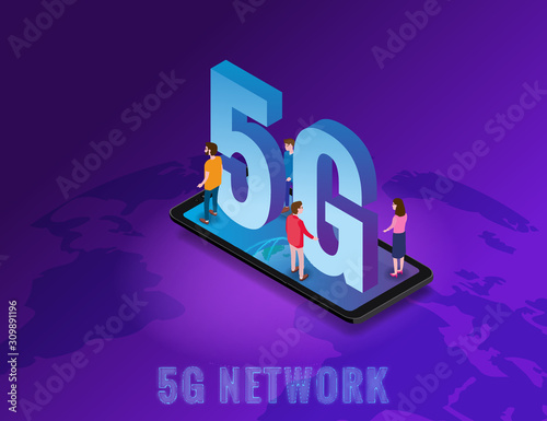 Isometric 5G network wireless technology template. Isometric smartphone with Earth planet