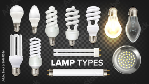 Led, Fluorescent And Incandescent Lamps Set Vector. Collection Of Different Energy-saving Eco-friendly Lamps Modern Technology. Office And Home Illuminate Devices Template Realistic 3d Illustrations