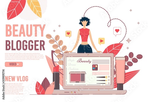 Beauty Blog Film Production Service Landing Page. Online Marketplace, Trading Platform, Internet Channel Creation. Young Woman Blogger Consultant, Laptop, New Cosmetics Fashion Style Trends