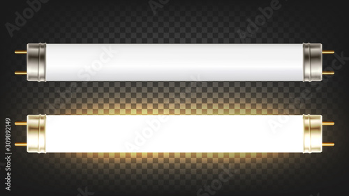 Lighting Electrical Energy Fluorescent Lamp Vector. Gas Excites Mercury Vapor Produce Short-wave Ultraviolet Light Causes Phosphor Coating On Inside Of Lamp To Glow. Template Realistic 3d Illustration