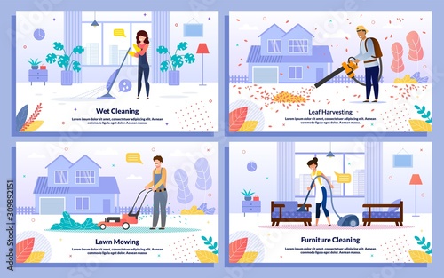 Home Interior, House Yard Cleaning Service Trendy Flat Vector Banners Set. Female, Male Workers Doing Wet Cleaning, Blowing Leaves, Mowing Lawn, Cleaning Furniture with Vacuum Cleaner Illustration