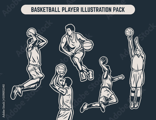 Vintage retro black and white illustration pack of basketball player