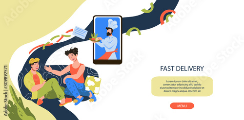 Restaurant menu food and meal delivery or search recipes and cooking tips service - banner template. People ordering dishes from chef cook at home using phone app. Flat cartoon vector illustration.