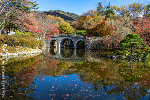 Stone bridge in reflecting in a stunning autumn setting.