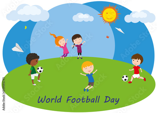 Children are playing football. Girls and boys play ball on the lawn. World Football Day. Vector illustration.