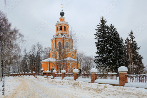 Winter view of the Church of the Savior of the Miraculous Image in the village of Ubory. Moscow region, Odintsovo city district, Russia.