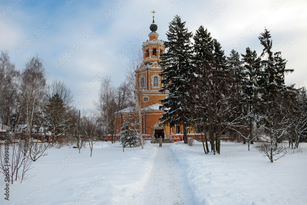 Winter view of the Church of the Savior of the Miraculous Image in the village of Ubory. Moscow region, Odintsovo city district, Russia.