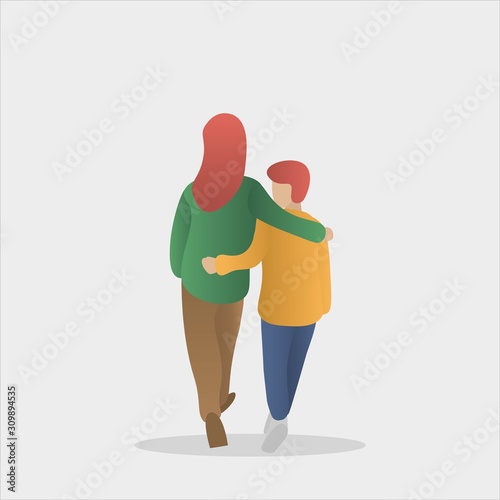 The mother and son walk together, they hug each other and happy the relationship.