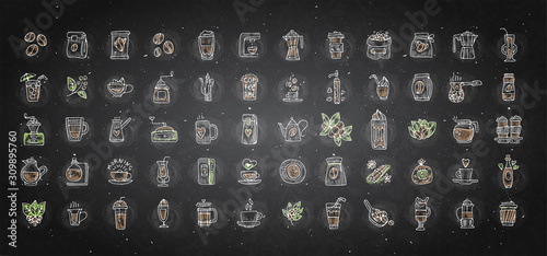Vector set of coffee icons on black chalk background. Hand drawn coffee icon, vector doodle collection. Morning coffee, logo with cafe, beans, leaves, coffee pots, cups and other accessories