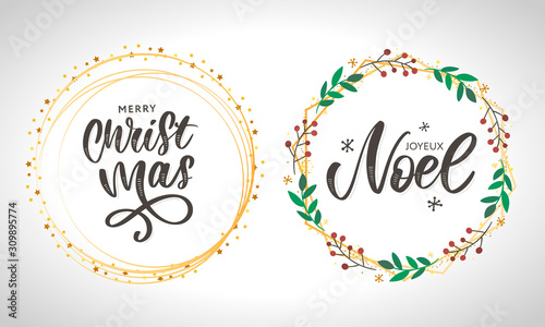 Merry Christmas card template with greetings in french language. Joyeux noel. Vector illustration EPS10