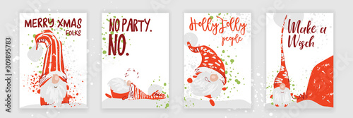 Hand drawn christmas gift and invitation card collection with christmas character - gnome in red hat, hand written lettering and artistic splashes. Set of funny winter holiday happy new year card
