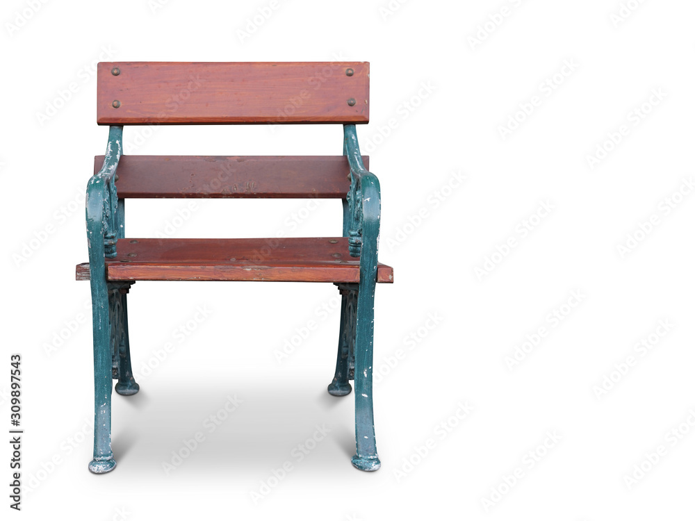 Front view Di cut antique brown wooden and green steel chair on white background, object background, copy space Front view Di cut antique brown wooden and green steel chair on white background, object background, copy space