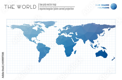Vector map of the world. Equirectangular (plate carree) projection of the world. Blue Shades colored polygons. Contemporary vector illustration.