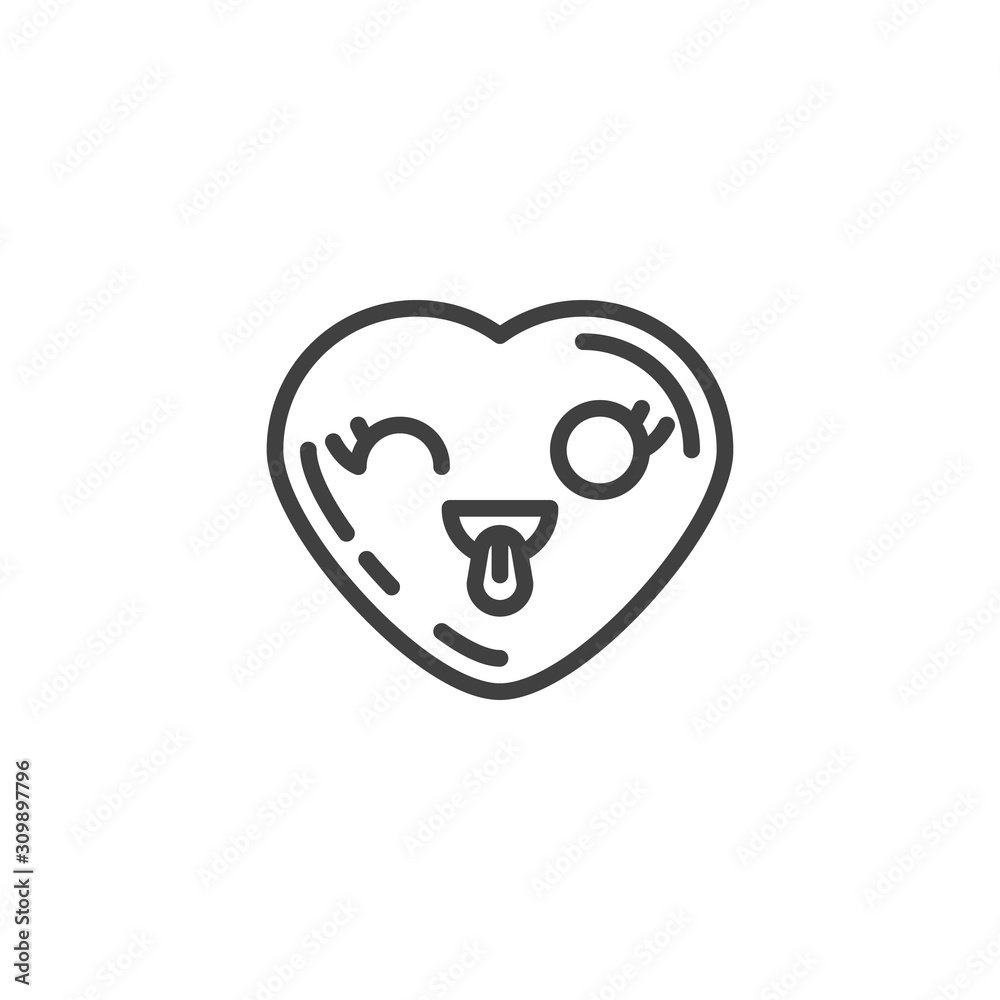 Winking Face With Tongue emoji line icon. linear style sign for mobile concept and web design. Flirting heart shape emoticon outline vector icon. Love symbol, logo illustration. Vector graphics Winking Face With Tongue emoji line icon. linear style sign for mobile concept and web design. Flirting heart shape emoticon outline vector icon. Love symbol, logo illustration. Vector graphics