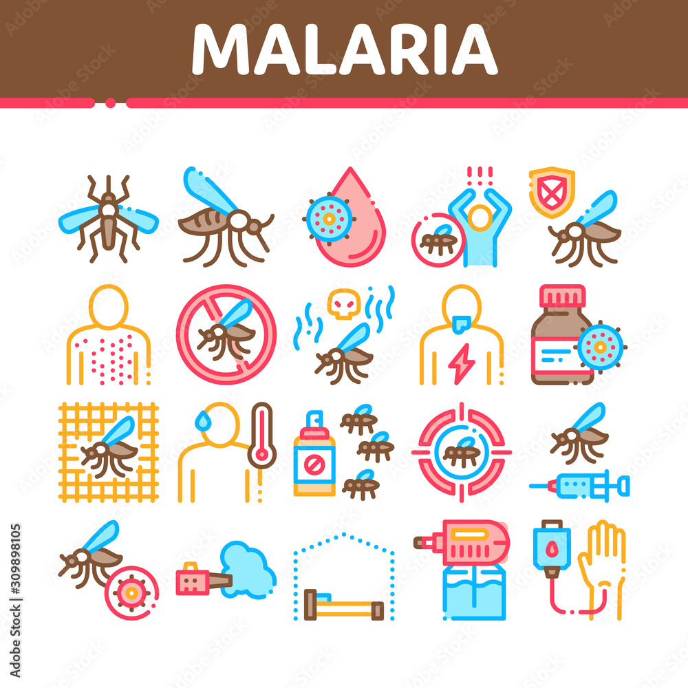Malaria Illness Dengue Collection Icons Set Vector Thin Line. Malaria Mosquito, Spray And Protect Cream Bottle, Sick Human And Treatment Concept Linear Pictograms. Color Contour Illustrations Malaria Illness Dengue Collection Icons Set Vector Thin Line. Malaria Mosquito, Spray And Protect Cream Bottle, Sick Human And Treatment Concept Linear Pictograms. Color Contour Illustrations