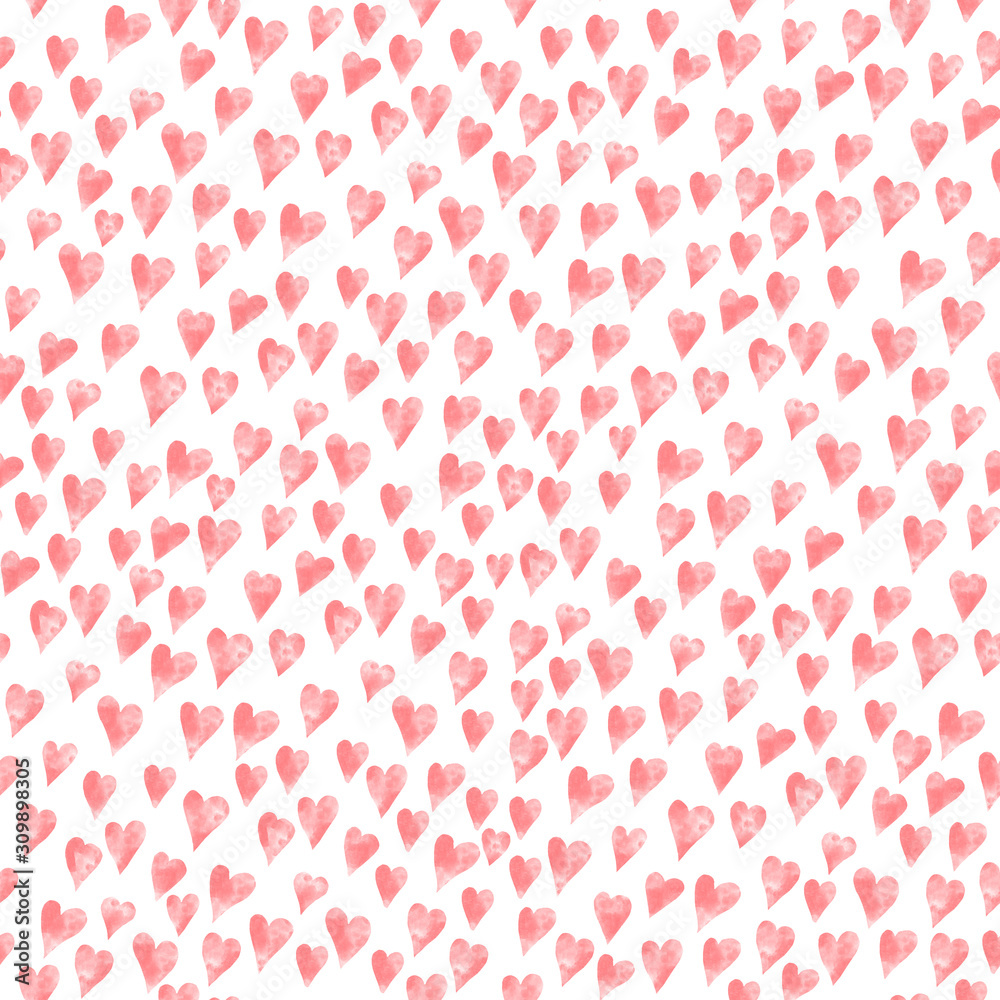 Watercolor pink hearts on white background. St.Valentine's Day celebration. Love and romance.