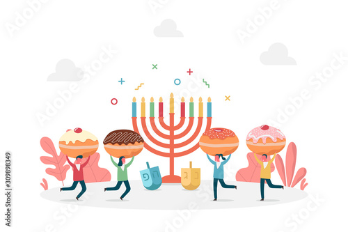 concept of Hanukkah holiday celebration with happy tiny people holding doughnuts near menorah, flat vector illustration for web, landing page, ui, banner, editorial, mobile app and flyer.