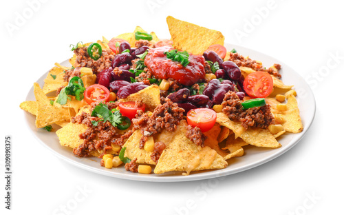 Obraz na plátně Plate with tasty chili con carne and nachos on white background