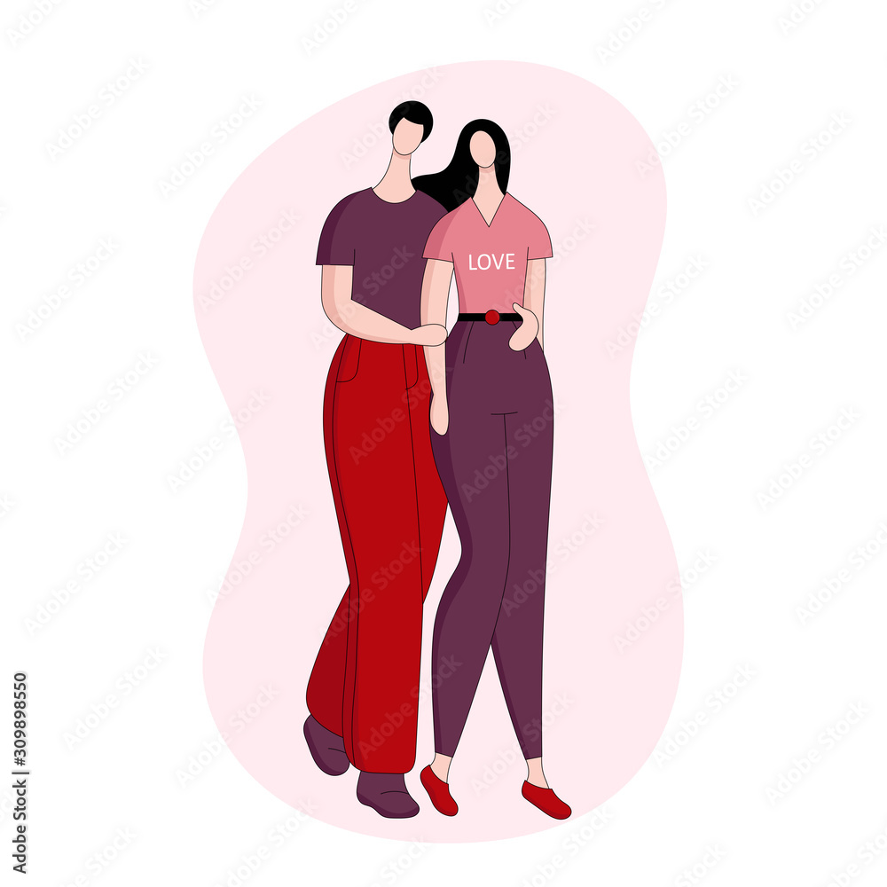 Young man and woman walking. Couple in love hugging. Vector linear illustration