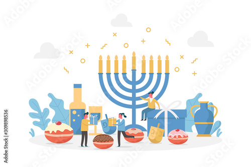 concept of happy Hanukkah Jewish festival holiday celebration and decorate menorah with tiny people, flat vector illustration for web, landing page, ui, banner, editorial, mobile app and flyer.