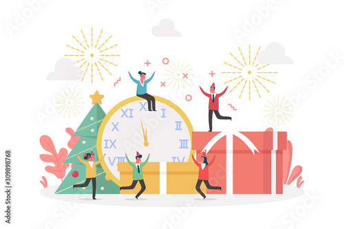 concept of new year countdown with happy tiny officer people, clock and large presents, flat vector illustration for web, landing page, ui, banner, editorial, mobile app and flyer.