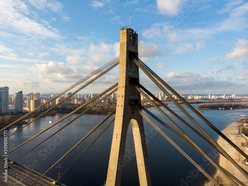 Aerial view of Pivnichnyi bridge (ex Moskovsky bridge) over Dnieper in Kyiv, Ukraine photo