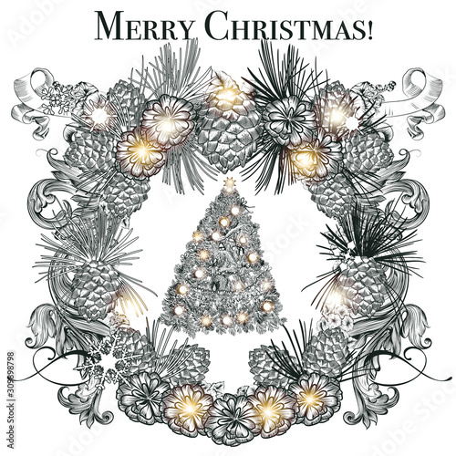 Christmas vector greeting card with fur tree and cones