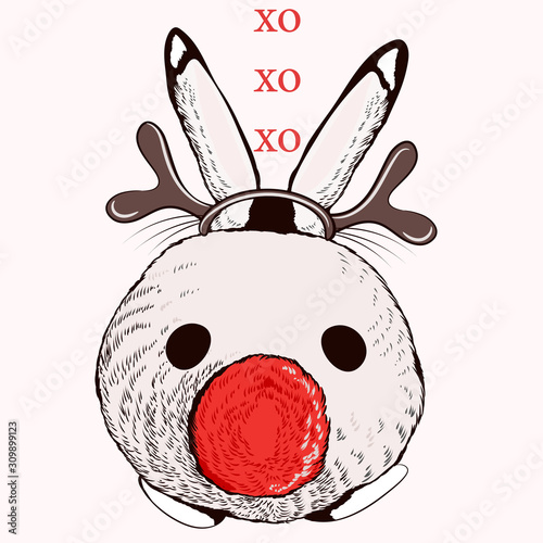 Christmas vector illustration with rabbit in deer horns, funny cute animal