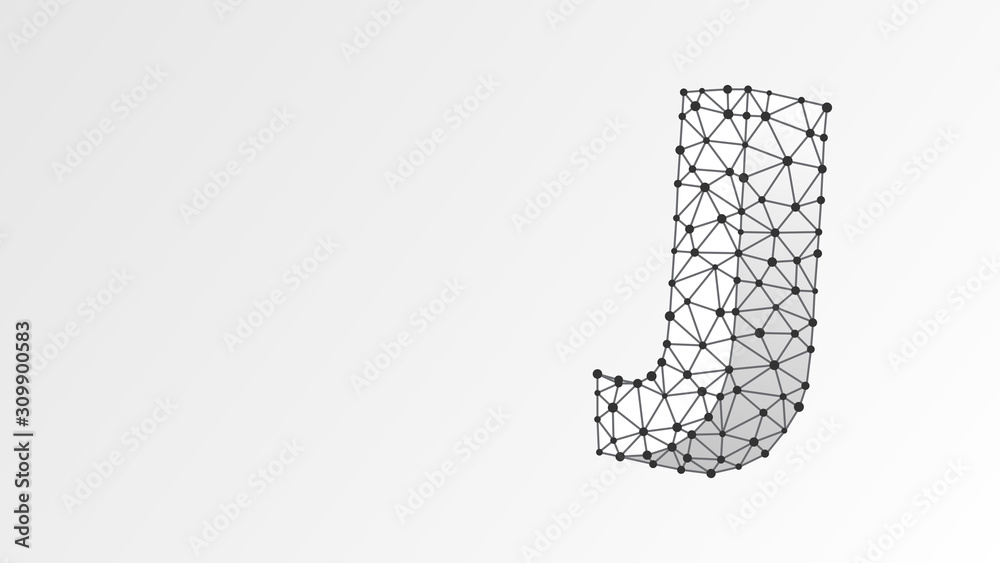 Alphabet letter J. Abstract digital wireframe, low poly mesh, Raster white origami 3d illustration. Design of an Uppercase letter. Banner, template or a pattern. Triangle, line, dot Alphabet letter J. Abstract digital wireframe, low poly mesh, Raster white origami 3d illustration. Design of an Uppercase letter. Banner, template or a pattern. Triangle, line, dot