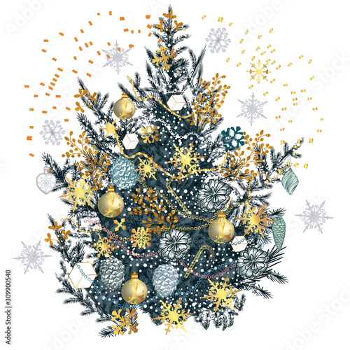 Christmas vector tree in vintage hand drawn style with golden snowflakes