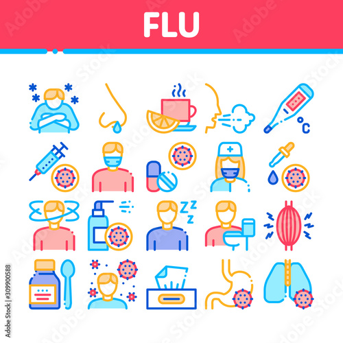 Flu Symptoms Medical Collection Icons Set Vector Thin Line. Chills And Fever, Cough And Runny Nose, Flu Virus In Lungs And Stomach Concept Linear Pictograms. Color Contour Illustrations