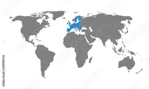 European union highlighted blue on world map vector. Gray background. Perfect for business backgrounds  backdrop  chart  presentation  education and wallpapers.